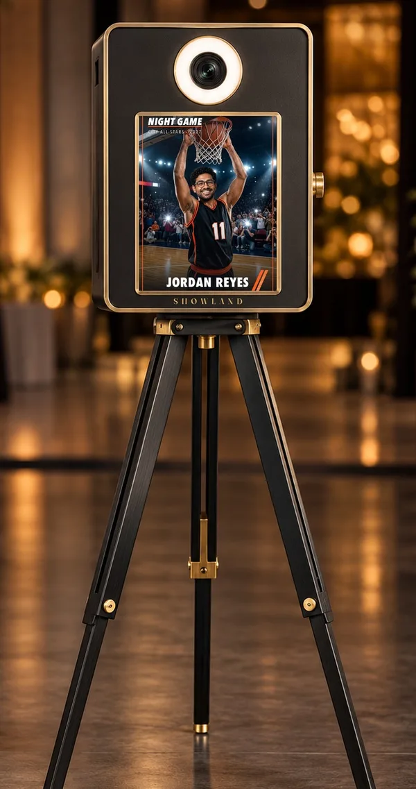 A black and brass camera booth on a tripod showing a Night Game collector card, with SHOWLAND lettered under the screen