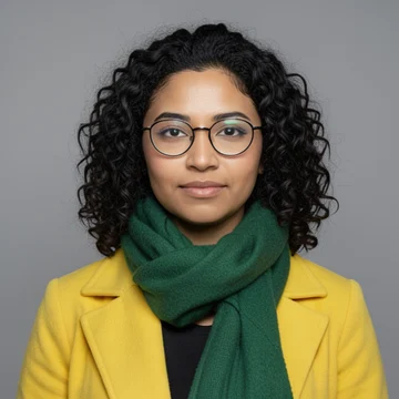 Guest photo: a person with curly hair, round glasses, a yellow coat and a green scarf