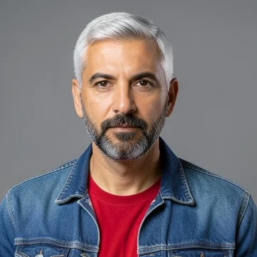 Guest photo: a person with silver hair and a dark beard in a denim jacket
