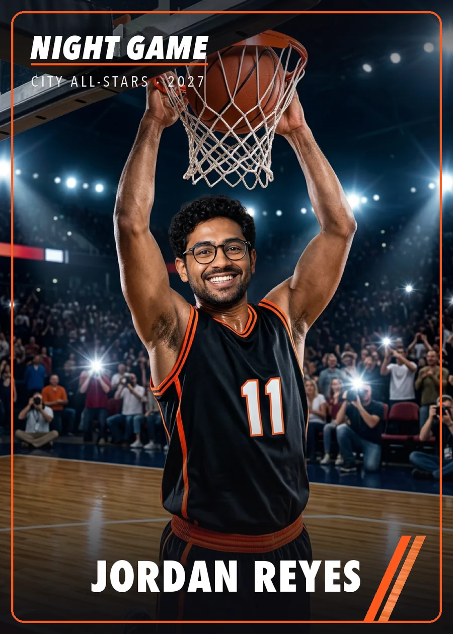 Night Game collector card: the first guest hanging on the rim, named Jordan Reyes