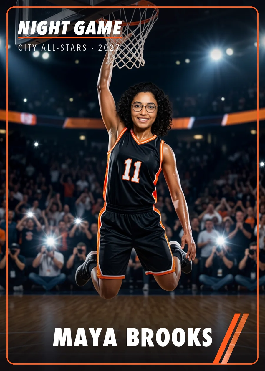 Night Game collector card: the second guest soaring for a dunk, named Maya Brooks