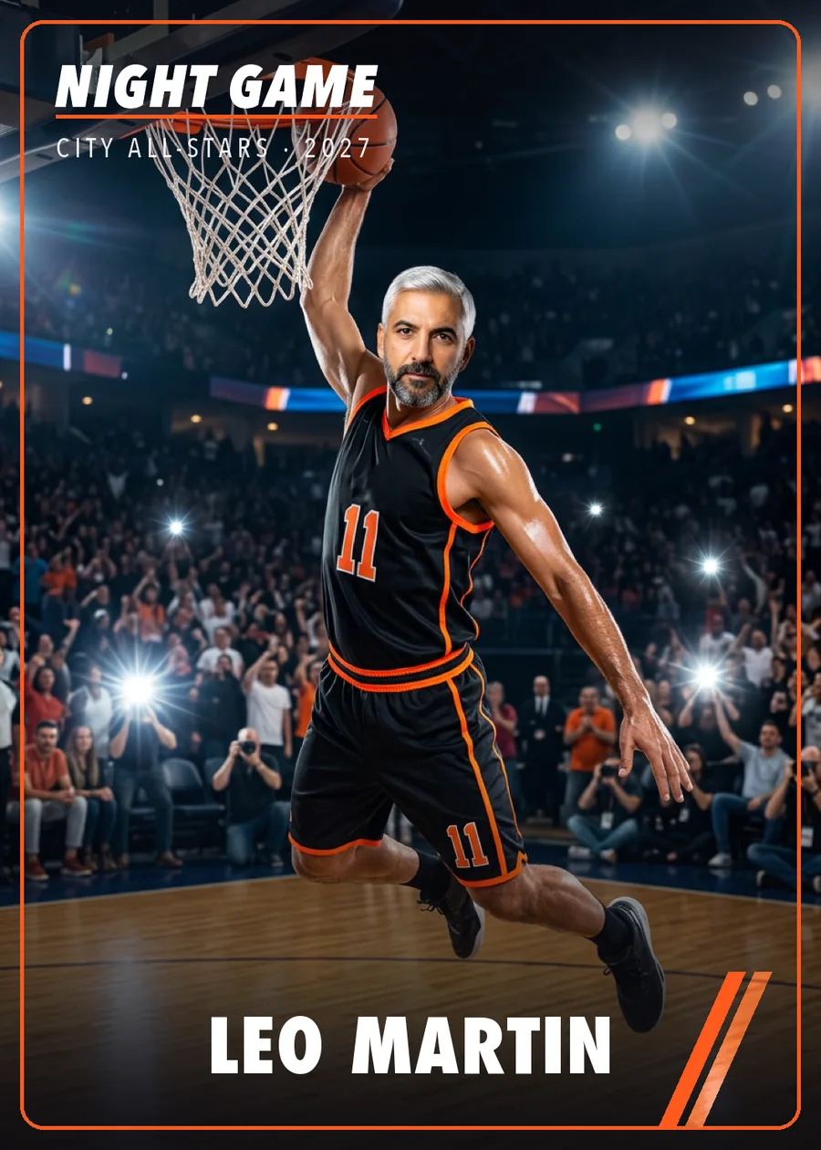Night Game collector card: the third guest flying in for a dunk, named Leo Martin