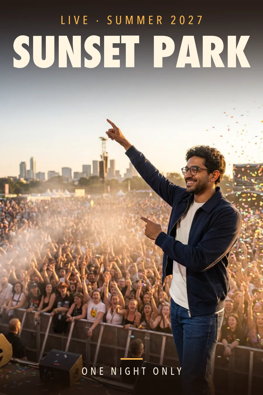 Sunset Park poster: the first guest on stage pointing out at a huge festival crowd