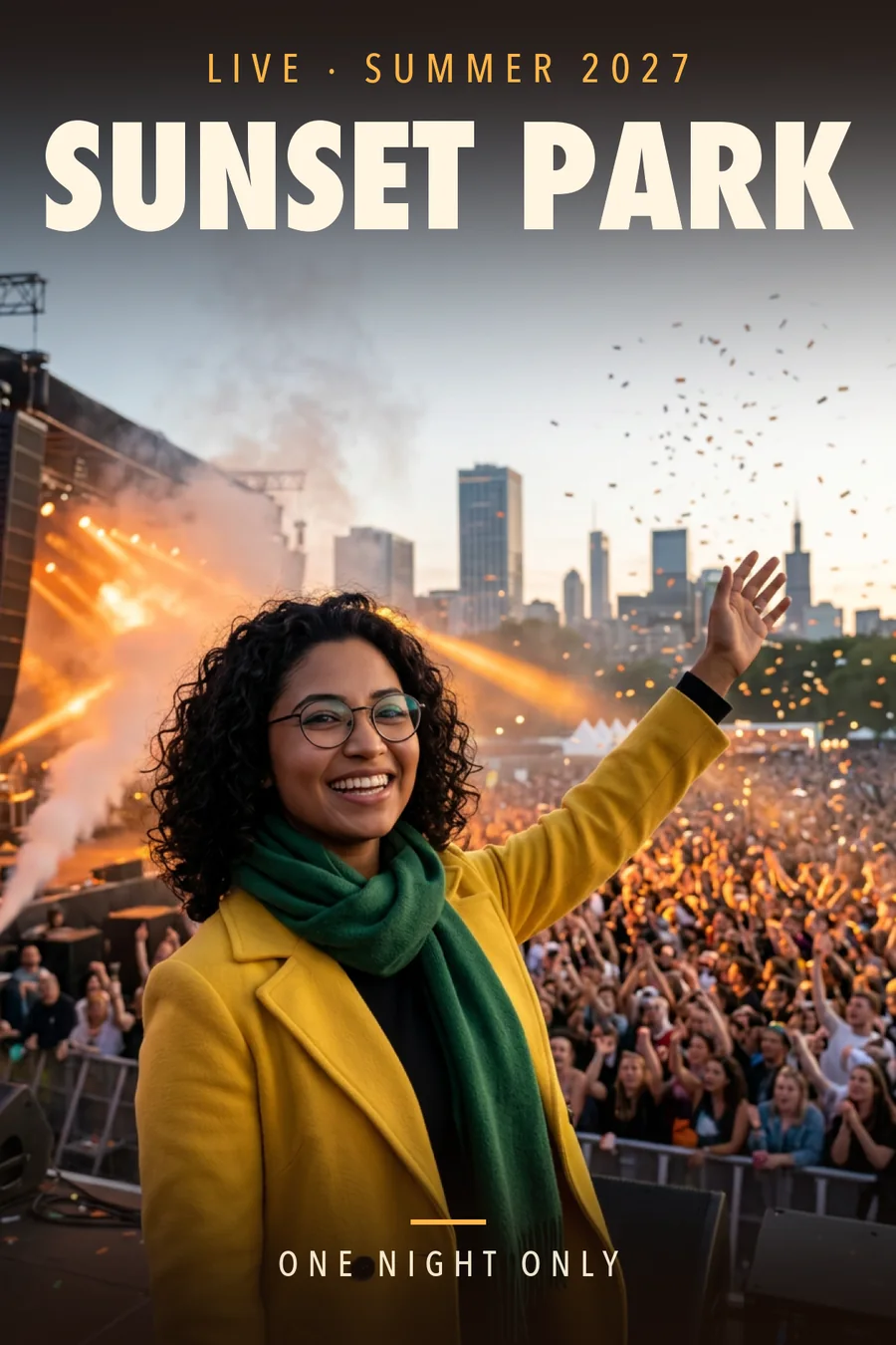 Sunset Park poster: the second guest waving to the crowd with stage fire and confetti