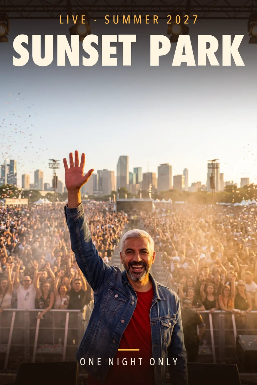 Sunset Park poster: the third guest with a hand raised before the crowd and skyline