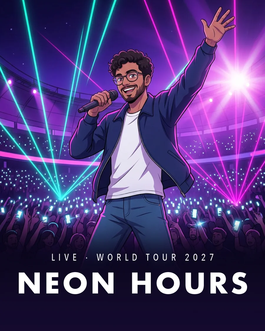 Anime illustration of the first guest singing on a neon stage, Neon Hours tour print