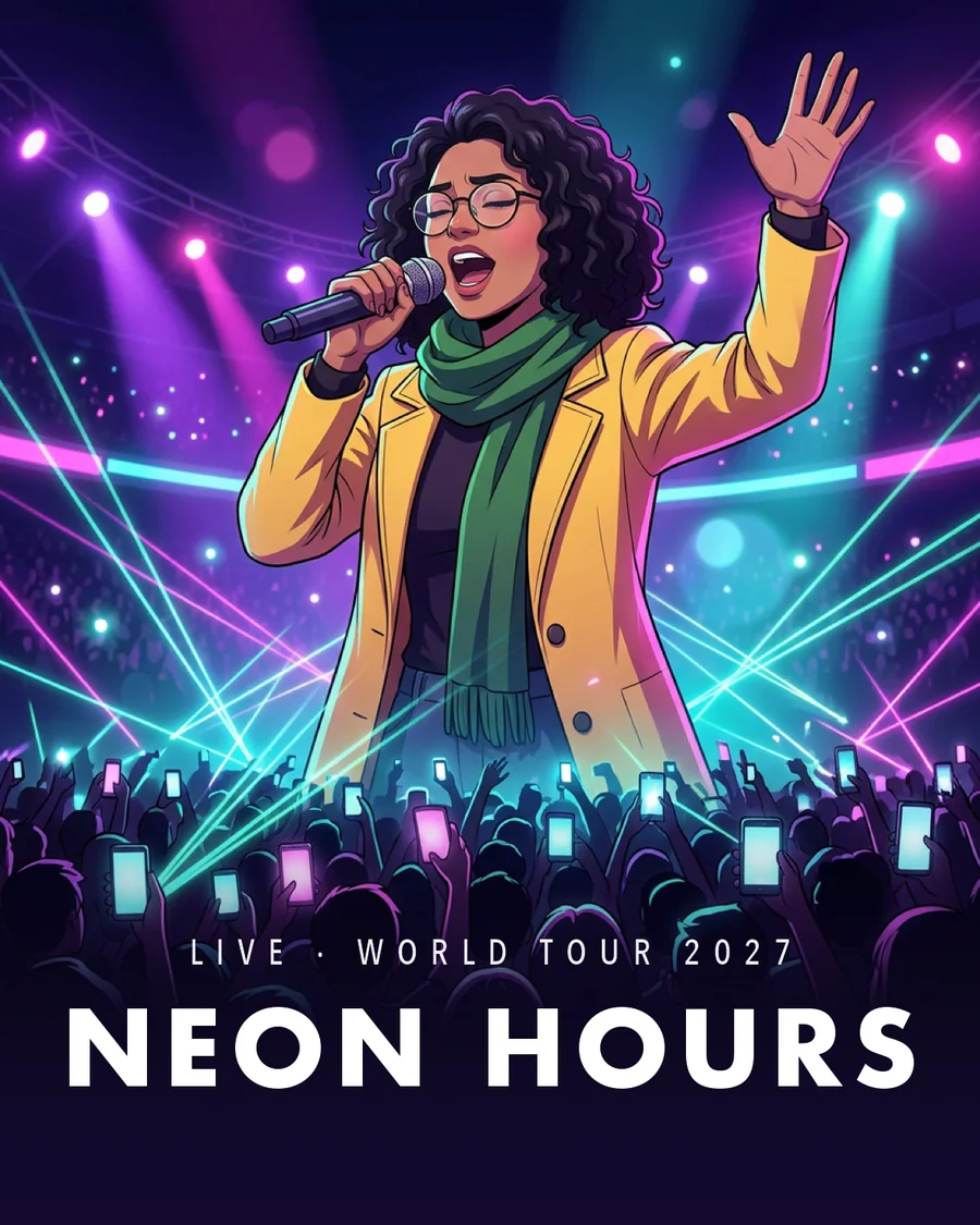 Anime illustration of the second guest singing under neon lasers, Neon Hours tour print