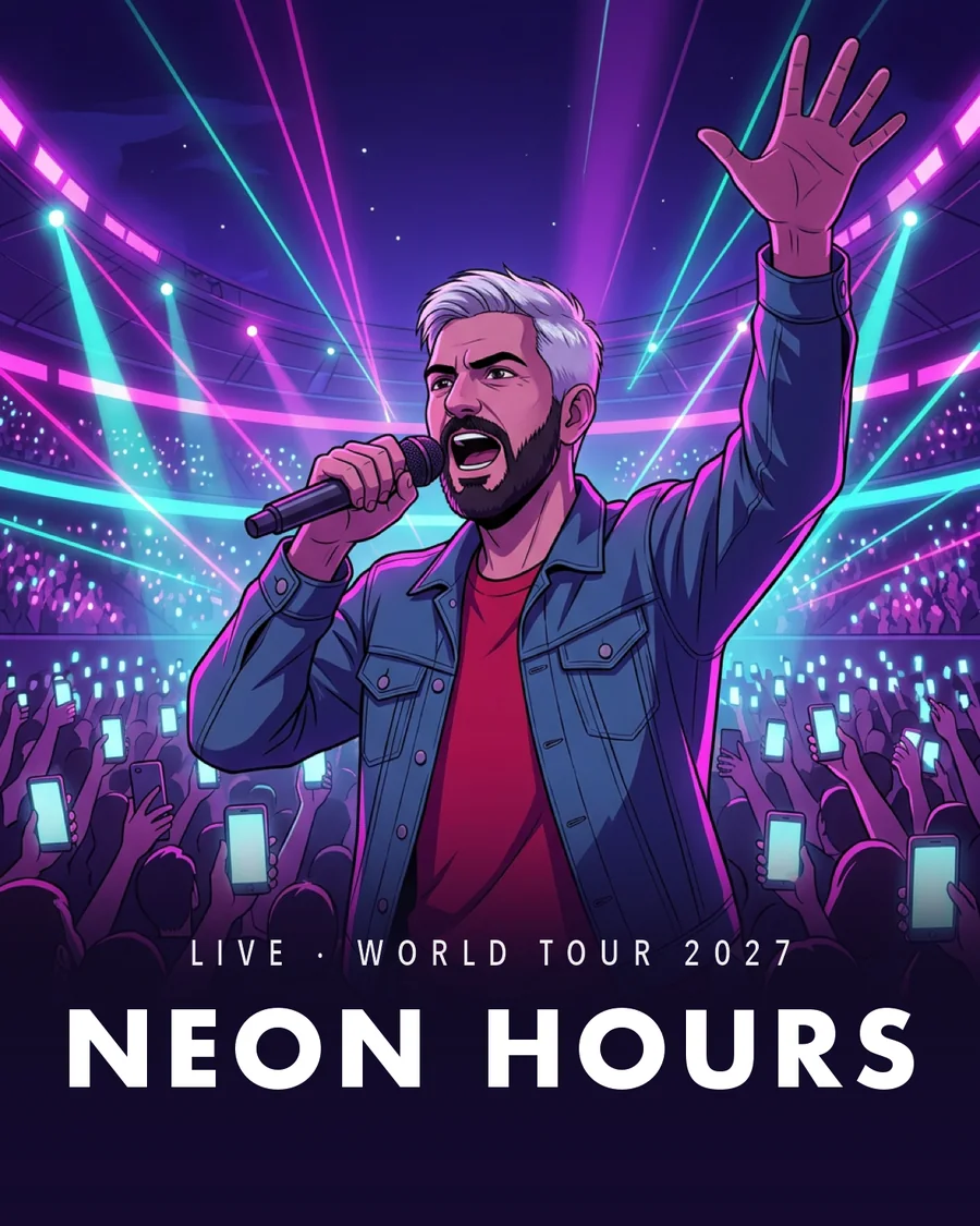 Anime illustration of the third guest singing with an arm raised, Neon Hours tour print