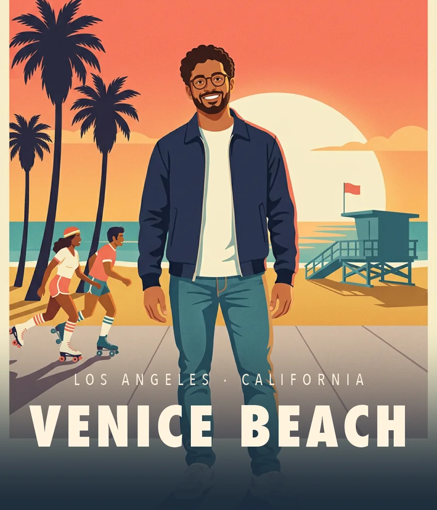 Venice Beach tote print: the first guest strolling the boardwalk at sunset in a vintage travel-poster style
