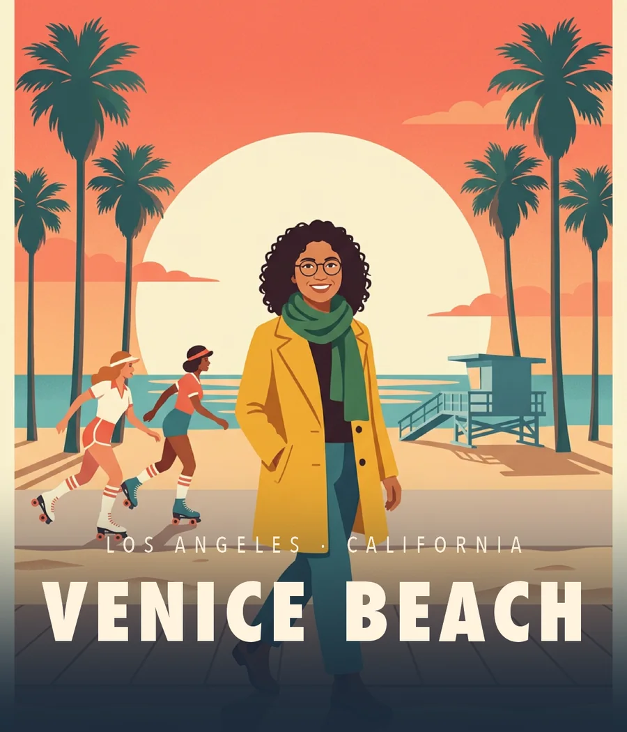 Venice Beach tote print: the second guest on the boardwalk with skaters and a lifeguard tower behind