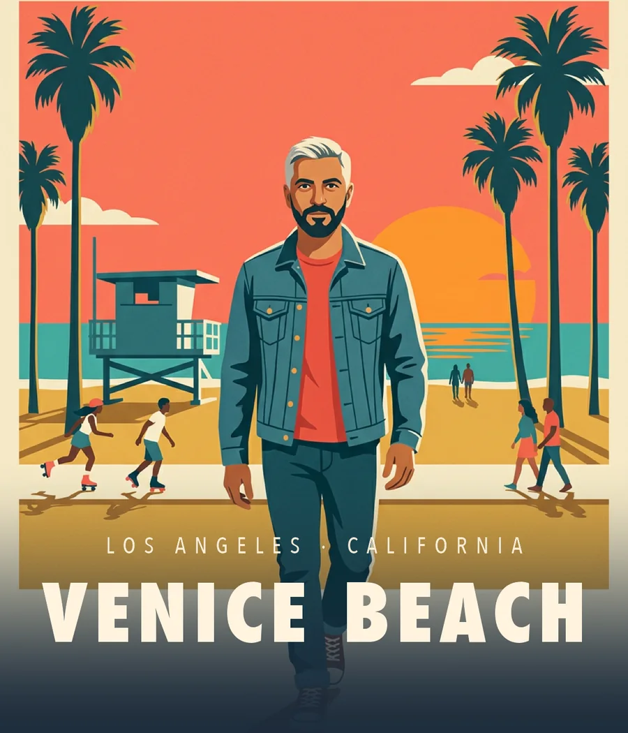 Venice Beach tote print: the third guest walking past palms and a lifeguard tower at sunset