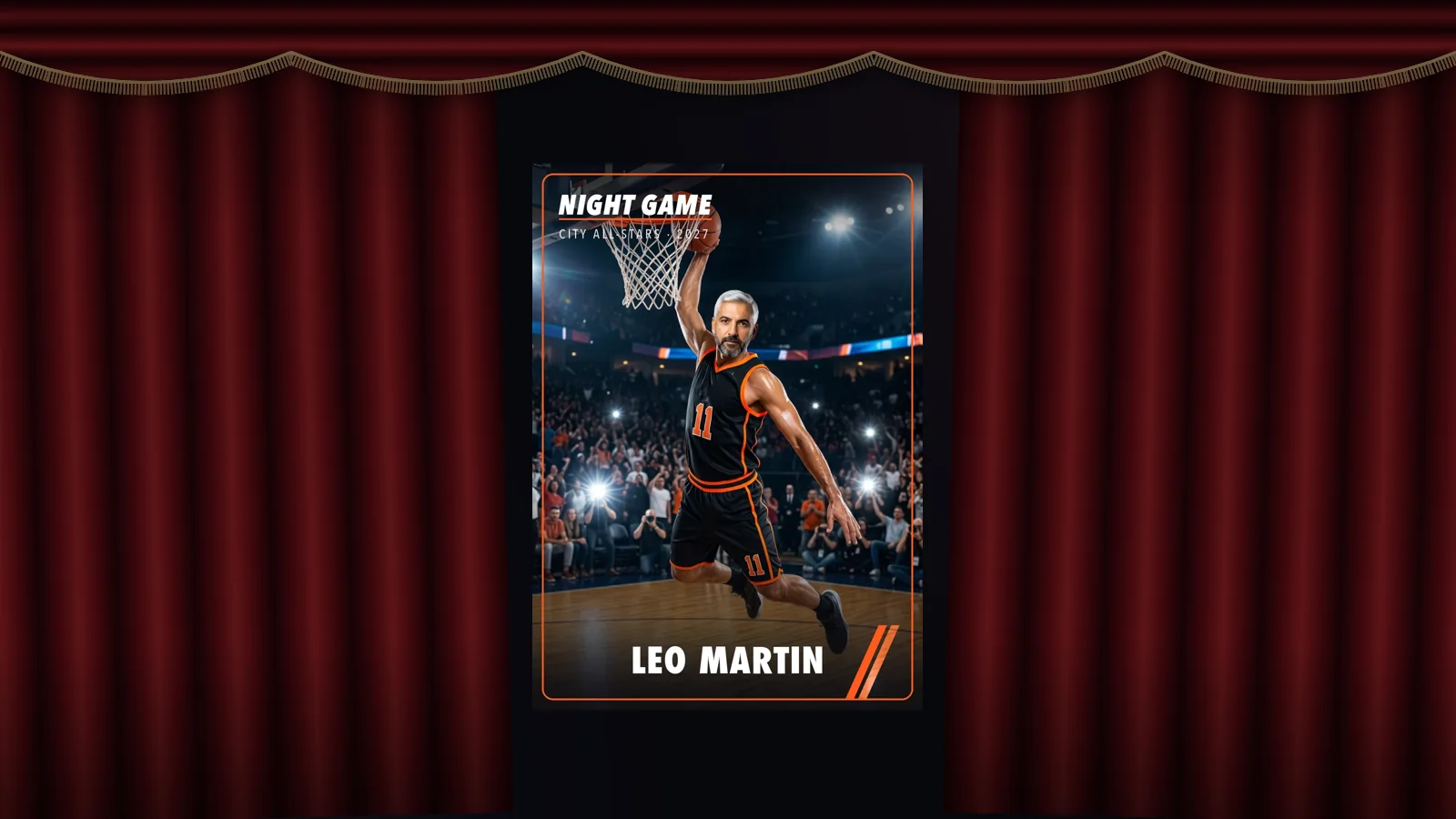 A dark red stage curtain parting to reveal a guest's Night Game collector card