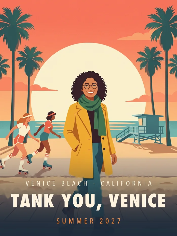 Vintage print: a guest in a yellow coat with roller skaters behind