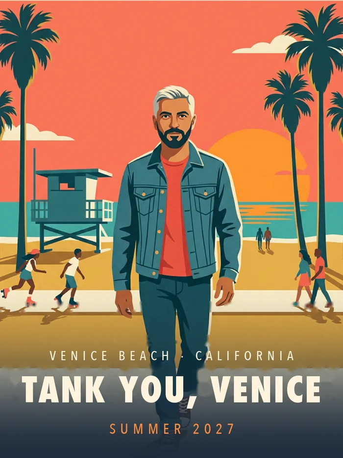 Vintage print: a guest in a denim jacket by a lifeguard tower