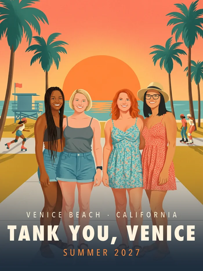 Vintage print: four friends together on the boardwalk under palms and a setting sun