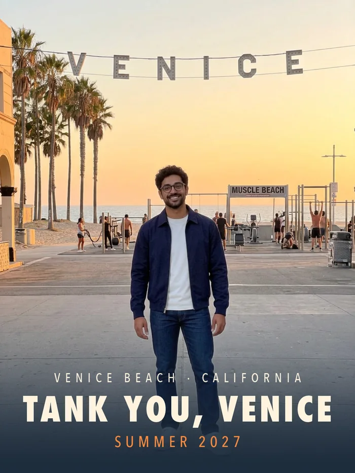 Realistic print: a guest in a navy jacket under the VENICE sign with Muscle Beach behind