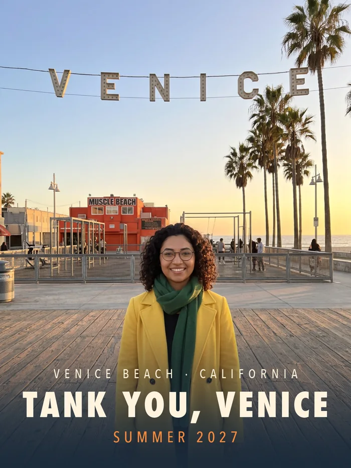 Realistic print: a guest in a yellow coat and green scarf on the boardwalk under the VENICE sign
