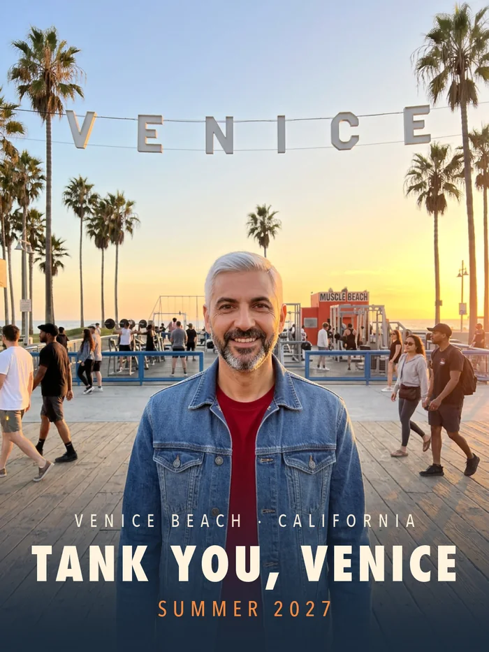Realistic print: a guest in a denim jacket smiling on the busy boardwalk at sunset