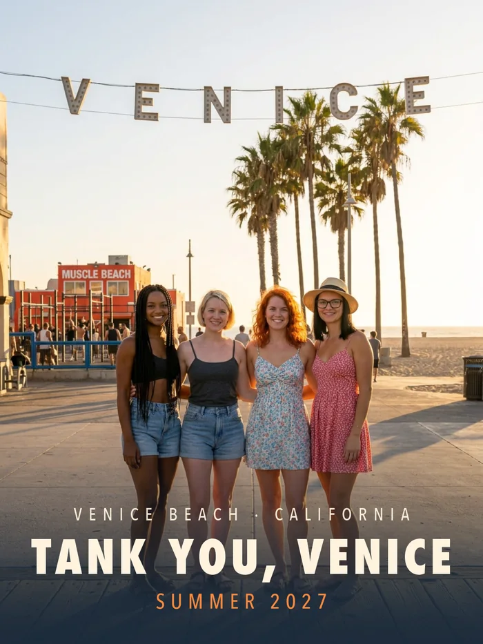 Realistic print: four friends on a girls' trip together under the VENICE sign